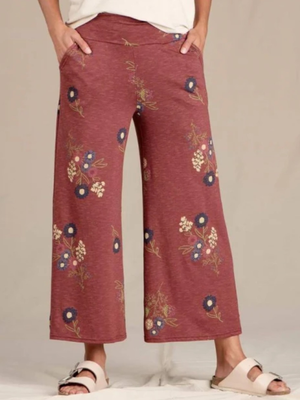 Toad&Co Chaka Wide Leg Pull On Pants Henna Floral Cropped Pockets-Medium